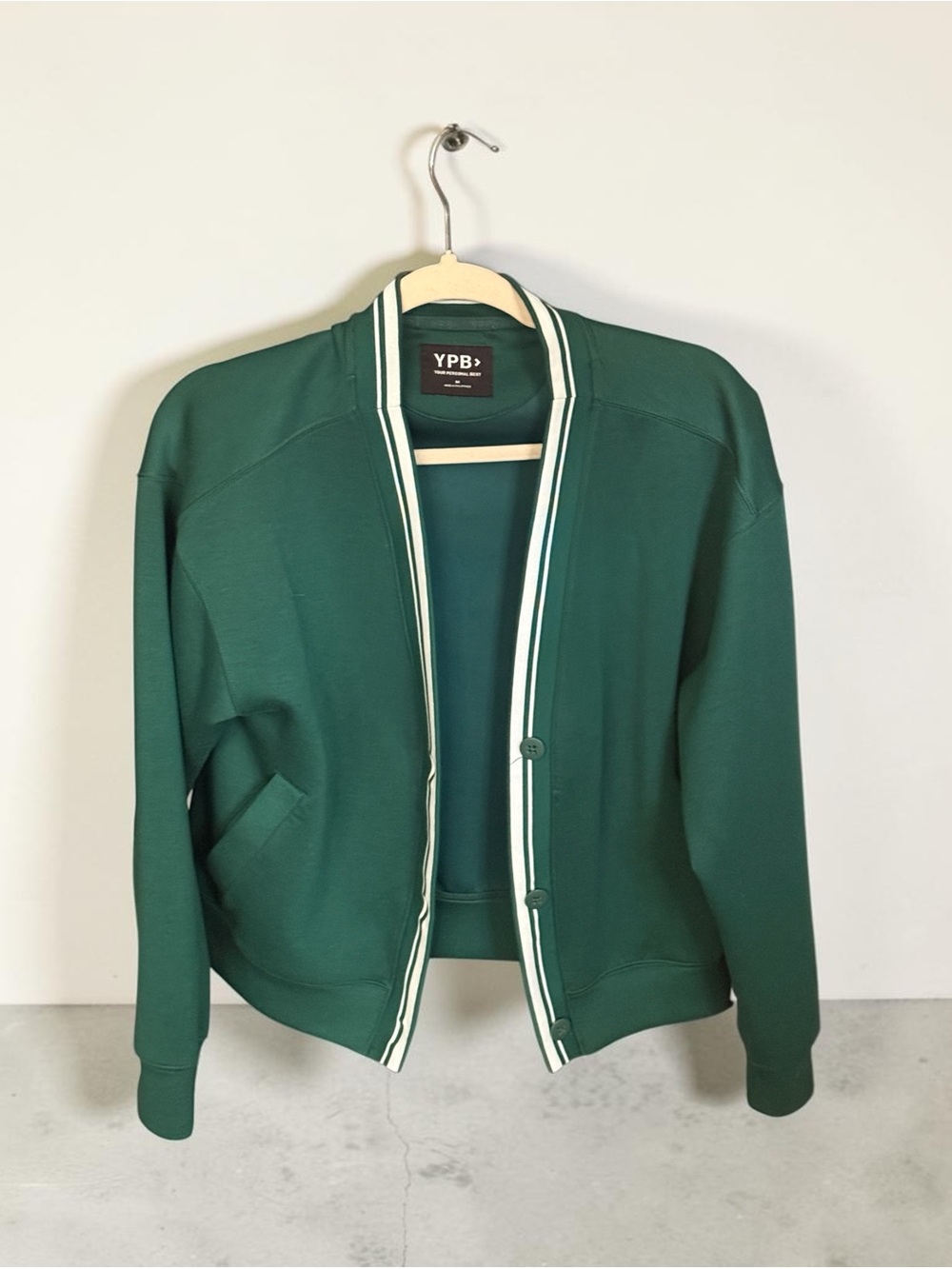 YPB Dark Green Bomber Cardigan with White Trim